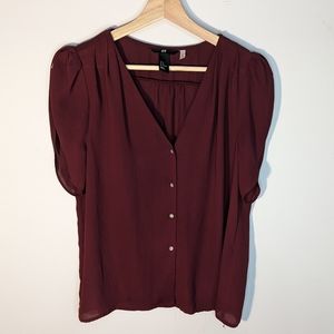 Burgundy Sheer Loose Fit Button Up Tulip Sleeve Blouse